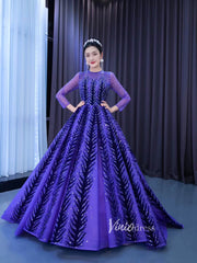 Violet Blue Ball Gowns Beaded Long Sleeve Wedding Dress 222204