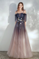 Lovely Spaghetti Straps Lace Long Prom Dress, A-Line Evening Dress