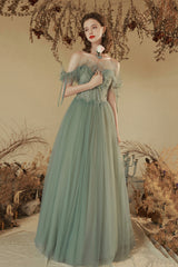Green Off the Shoulder Tulle Long Prom Dress, Cute A-Line Party Dress