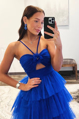 Blue Tulle Layers Long Prom Dress, Beautiful A-Line Backless Evening Party Dress
