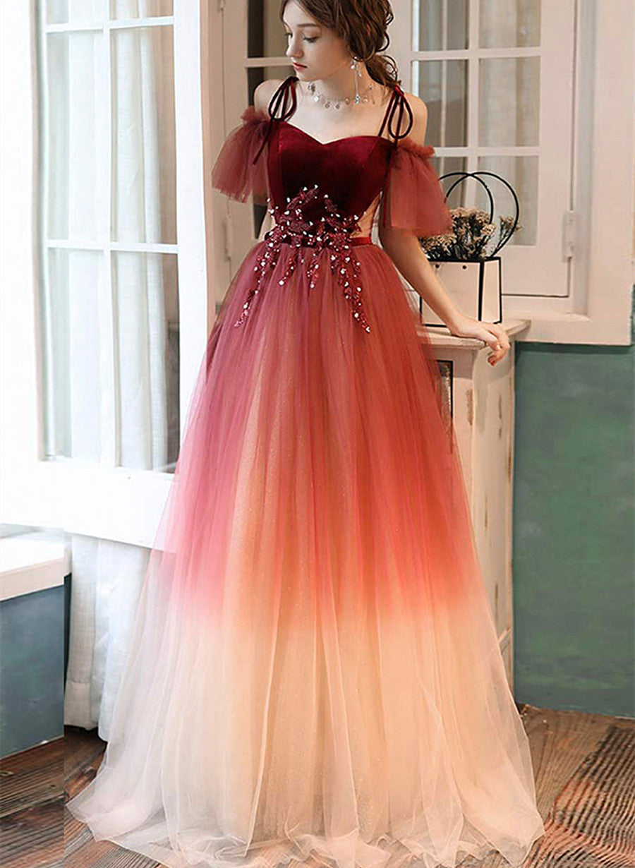 Dark Red Gradient Tulle Off Shoulder Long Party Dress, Dark Red Evening Dress