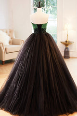 Black Tulle Long Formal Dress with Green Beaded, Black Strapless Prom Dress