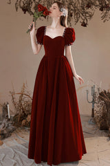Burgundy Velvet Long Formal Dress, A-Line Short Sleeve Evening Party Dress