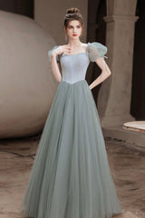 Green A-Line Tulle Long Prom Dress, Green Graduation Party Dress