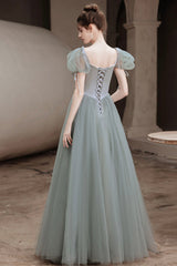 Green A-Line Tulle Long Prom Dress, Green Graduation Party Dress