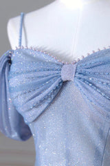 Blue Spaghetti Strap Tulle Long Prom Dress, Beautiful A-Line Evening Dress