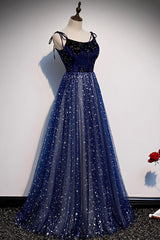 Blue Velvet Tulle Long Prom Dress, Beautiful A-Line Evening Party Dress