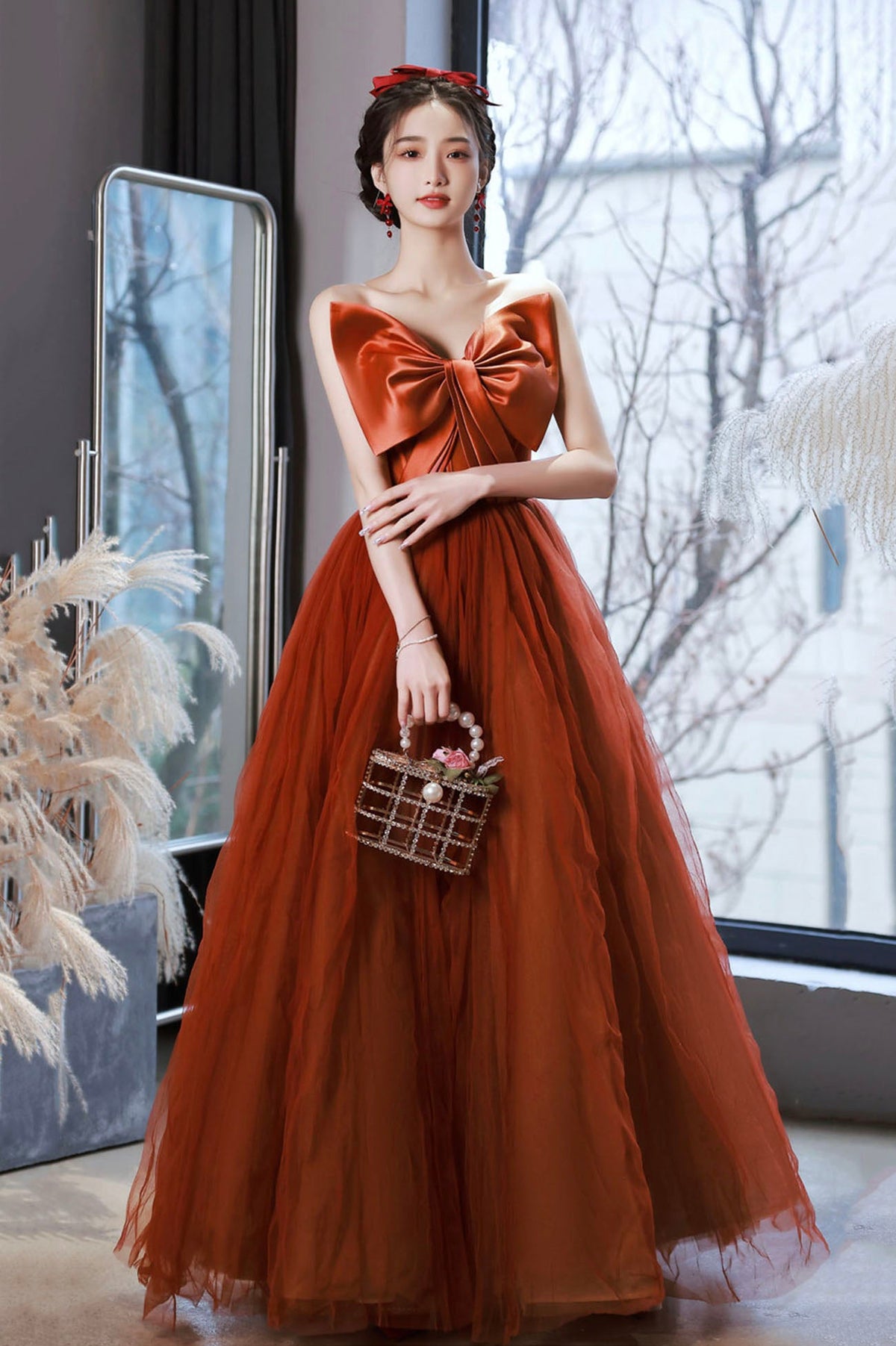 Cute Tulle Long Prom Dress with Bow, Strapless A-Line Evening Party Dress