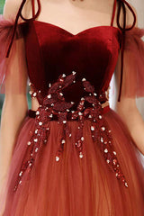 Dark Red Gradient Tulle Off Shoulder Long Party Dress, Dark Red Evening Dress