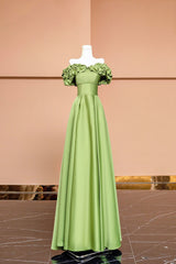 Green Satin Floor Length Prom Dress, Off the Shoulder Evening Party Dress