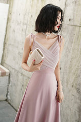 Pink V-neck Long Prom Dress, Simple Spaghetti Straps Evening Dress