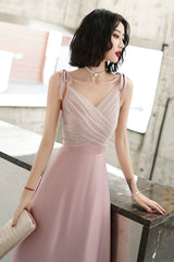 Pink V-neck Long Prom Dress, Simple Spaghetti Straps Evening Dress