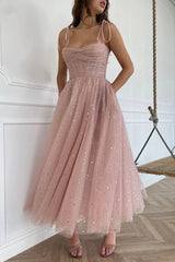 Spaghetti Straps Tulle Short Prom Dress, Pink A-Line Evening Party Dress