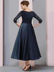 A-Line Mother of the Bride Dress Wedding Guest Vintage Elegant V Neck Tea Length Satin Lace 3/4 Length Sleeve with Bow(s) Pleats Sequin