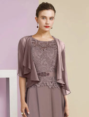 Two Piece A-Line Mother of the Bride Dress Formal Wedding Guest Elegant Scoop Neck Floor Length Chiffon Lace 3/4 Length Sleeve Wrap Included with Appliques Crystal Brooch