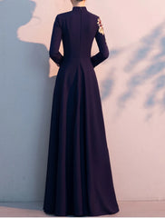 A-Line Mother of the Bride Dress Elegant Simple High Neck Floor Length Stretch Fabric Long Sleeve with Pleats Appliques