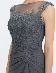 Aimishang A-Line Mother of the Bride Dress Wedding Guest Elegant See Through Bateau Neck Floor Length Chiffon Lace Sleeveless with Side Draping Fall