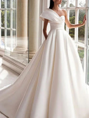 Hall Formal Wedding Dresses A-Line One Shoulder Sleeveless Sweep / Brush Train Satin Bridal Gowns With Ruched