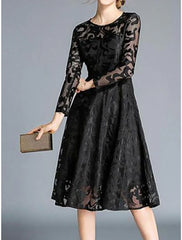 Women's Party Dress Lace Dress Swing Dress Midi Dress Wine Red Black Blue Long Sleeve Pure Color Lace Winter Fall Spring Crew Neck Elegant Party Winter Dress Wedding Guest