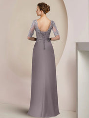 Sheath / Column Mother of the Bride Dress Formal Wedding Guest Elegant Scoop Neck Floor Length Chiffon Lace Half Sleeve with Beading Appliques
