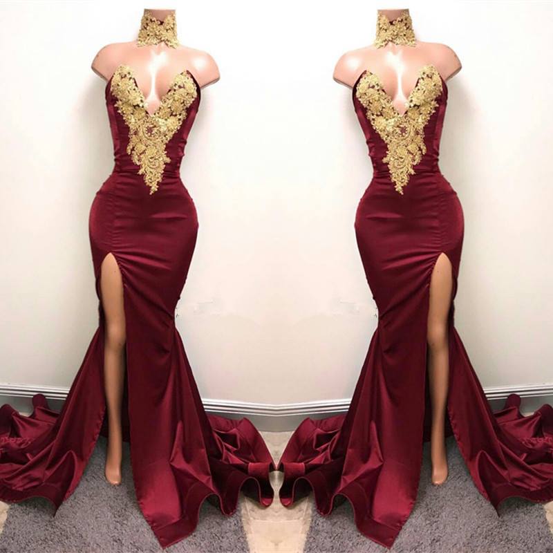 Sexy Mermaid Front-Split Lace High Neck Burgundy Prom Dresses