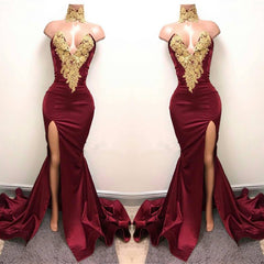 Sexy Mermaid Front-Split Lace High Neck Burgundy Prom Dresses