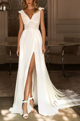 A-neck V-neck bead chiffon pleated slit beach wedding dress Sexy
