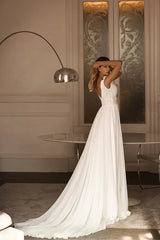 A-neck V-neck bead chiffon pleated slit beach wedding dress Sexy