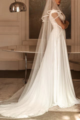 A-neck V-neck bead chiffon pleated slit beach wedding dress Sexy