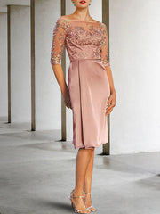 Sheath / Column Mother of the Bride Dress Vintage Elegant Jewel Neck Knee Length Lace Charmeuse Half Sleeve with Appliques