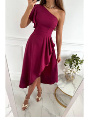 Women's Little Black Dress Sexy Dress Party Dress Homecoming Dress Mini Dress Pink Wine Short Sleeve Ruffle Spring Fall One Shoulder Fashion Wedding Guest