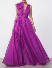Wholesale A-Line Evening Gown Celebrity Style Dress Christmas Red Green Dress Formal Wedding Guest Floor Length Sleeveless V Neck Chiffon with Slit Pure Color