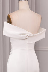 Ivory Mermaid Straight Neck Sweep Train Satin Bridal Dress with Slit Off Shoulder