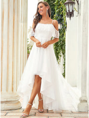 Reception Little White Dresses Boho Wedding Dresses A-Line Off Shoulder Short Sleeve Asymmetrical Lace Bridal Gowns