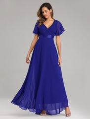 A-Line Prom Dresses Red Green Dress Fall Wedding Guest Dress For Bridesmaid Floor Length Short Sleeve V Neck Chiffon V Back with Ruched Ruffles