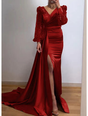Mermaid Evening Dress Champagne Gown Sparkle Sequin Dress Formal Black Tie Floor Length Long Sleeve V Neck Satin With Buttons Pearls