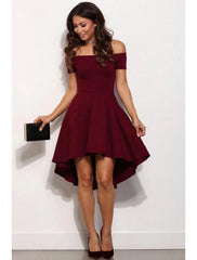 A-Line Cocktail Dresses Cute Dress Homecoming Graduation Short / Mini Short Sleeve Off Shoulder Stretch Satin with Pure Color