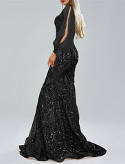 Mermaid / Trumpet Evening Gown Sparkle & Shine Dress Formal Wedding Guest Sweep / Brush Train Long Sleeve V Neck Lace with Sequin Appliques