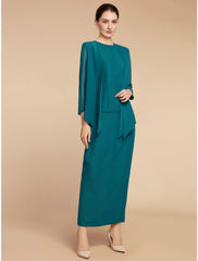 Aimishang  Sheath / Column Mother of the Bride Dress Wedding Guest Elegant Simple Jewel Neck Ankle Length Chiffon Long Sleeve with Split Front Ruching Solid Color
