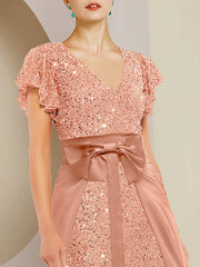 Two Piece A-Line Mother of the Bride Dress Formal Wedding Guest Sparkle & Shine Elegant V Neck Tea Length Lace Sequined Short Sleeve with Bow(s) Beading Sequin