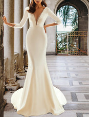 Formal Wedding Dresses Mermaid / Trumpet V Neck Long Sleeve Court Train Satin Bridal Gowns With Crystals Beading