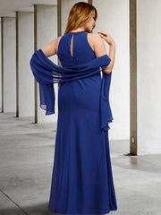 Two Piece A-Line Plus Size Curve Mother of the Bride Dresses Elegant Dress Formal Floor Length Sleeveless Jewel Neck Chiffon with Pleats