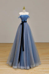 Blue Tulle A-Line Strapless Long Prom Dress, Beautiful Evening Party Dress