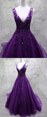 Glam Purple V-neckline Tulle Beaded and Lace Formal Gown, Purple Long Prom Dresses