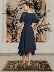 A-Line Mother of the Bride Dress Plus Size Elegant High Low V Neck Asymmetrical Tea Length Chiffon Lace Sleeveless with Appliques