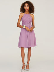 A-Line Bridesmaid Dress Halter Neck Sleeveless Keyhole Knee Length Chiffon with Ruffles