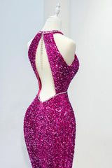 Hot Pink Sequins Long Prom Dress, Mermaid Backless Evening Dress