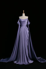 Purple Satin Long Prom Dress, Beautiful Off the Shoulder Evening Party Dress
