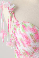 Pink Fairy Flower Patterns Long Prom Dress, Beautiful A-Line Evening Party Dress