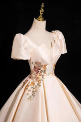 Champagne Satin Lace Long Prom Dress, Elegant A-Line Short Sleeve Party Dress